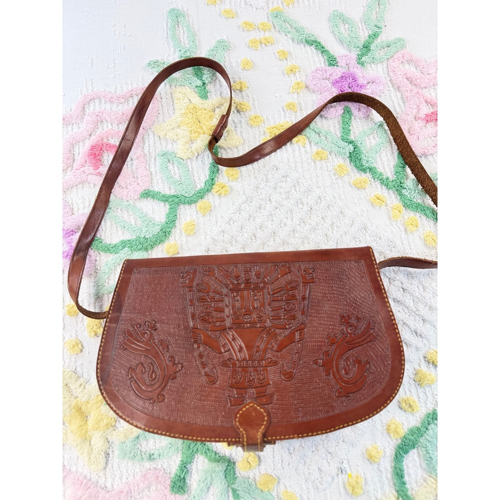 Vintage Hand Tooled Leather Aztec Mayan Calendar Crossbody Saddle Bag Brown